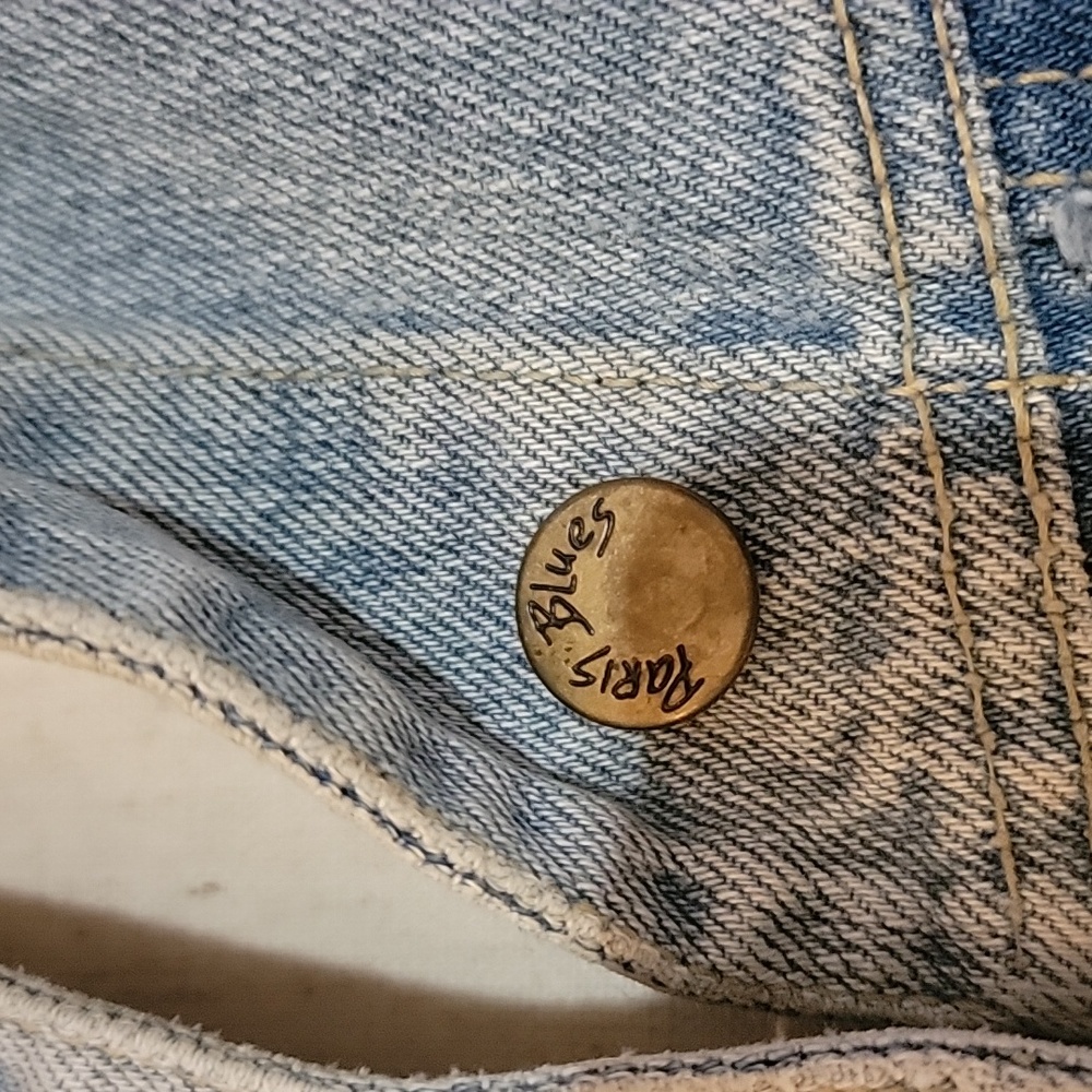 Denim Jacket- Crop Style- Vintage 90's Paris Blue Small-Distressed - Picture 7 of 10